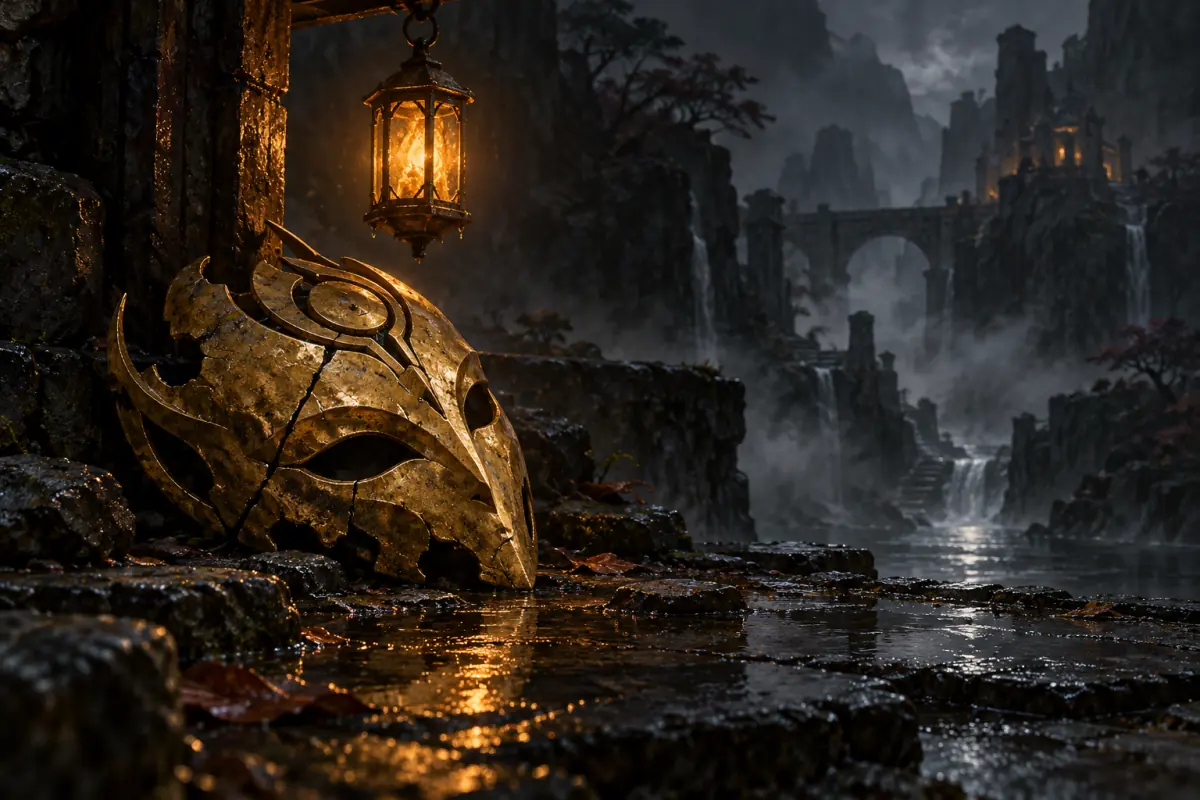 Illustration for a Phantom Blade Zero guide: A cracked golden ceramic mask resting on dark wet stone under a single hanging lantern; painterly, muted palette.