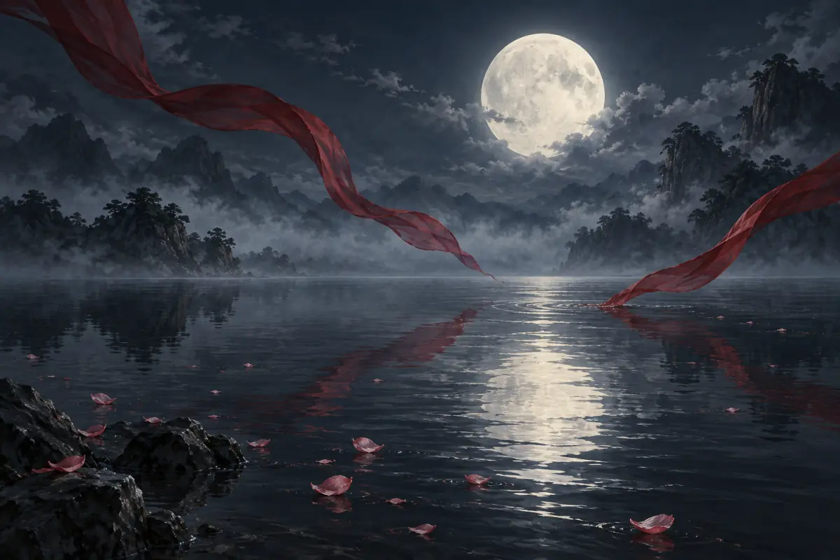 Illustration for a Phantom Blade Zero guide: Two red silk ribbons drifting over a dark still lake under a pale moon, a few petals floating on the water; painterly, muted palette.