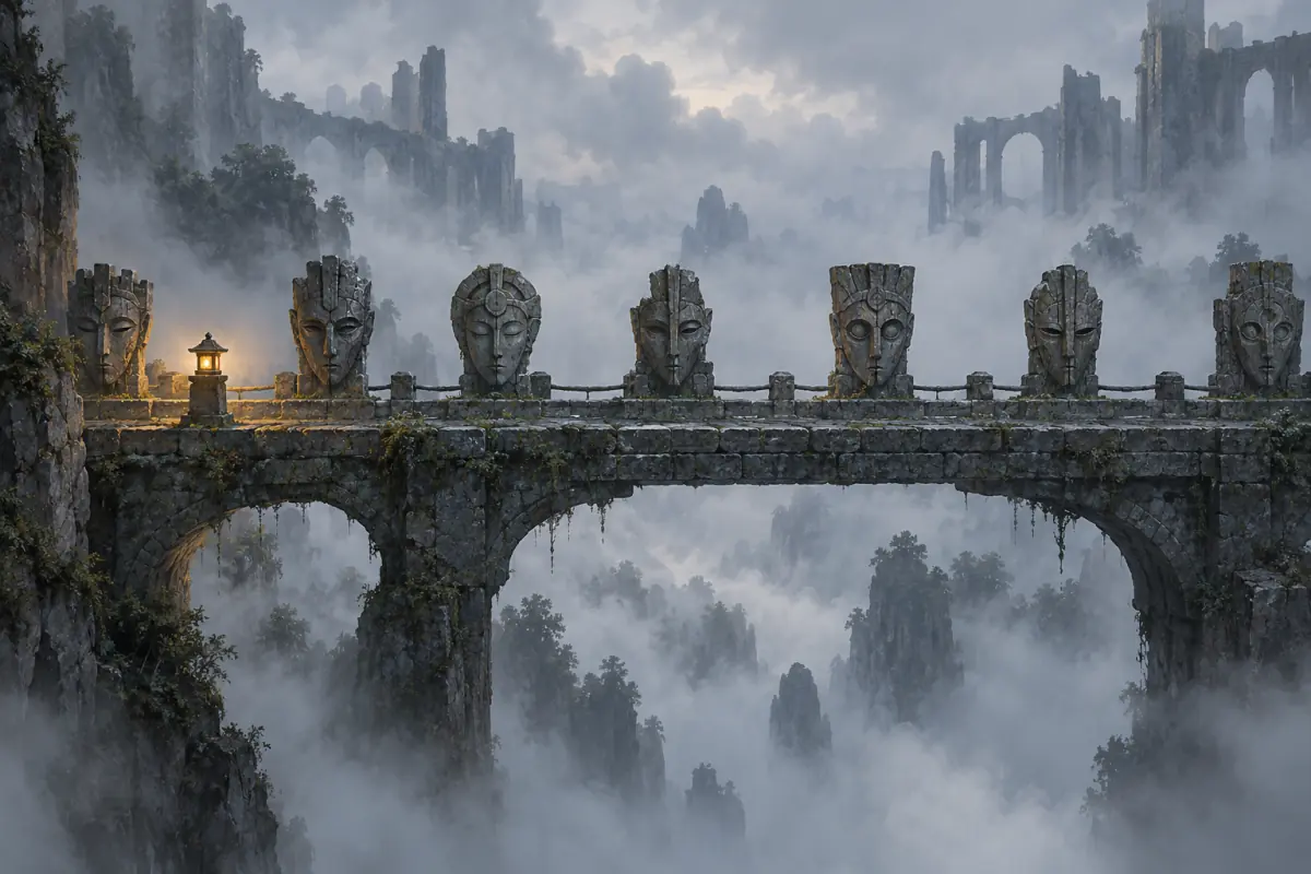 Illustration for a Phantom Blade Zero guide: A narrow stone bridge over mist with a row of carved stone masks standing on it, seen from the front; painterly, muted palette.