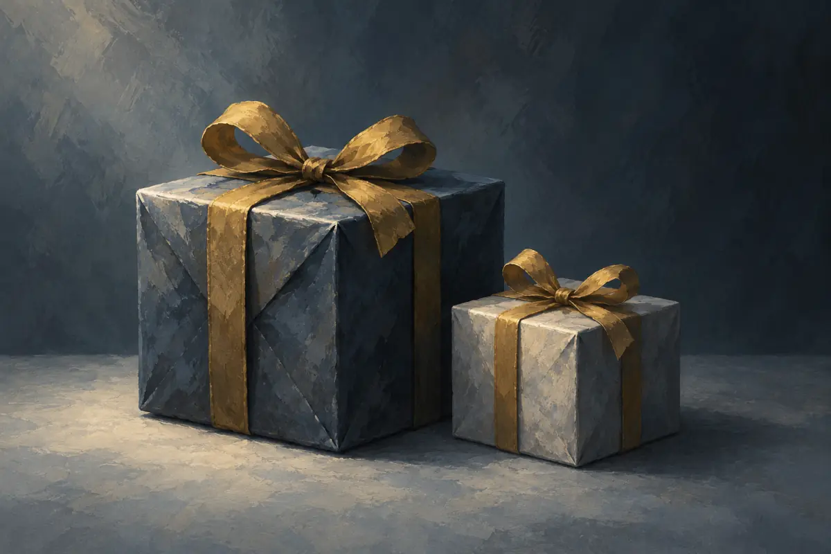 Illustration for a Phantom Blade Zero guide: Two sealed gift boxes of different sizes side by side on a plain surface; flat painterly shapes.