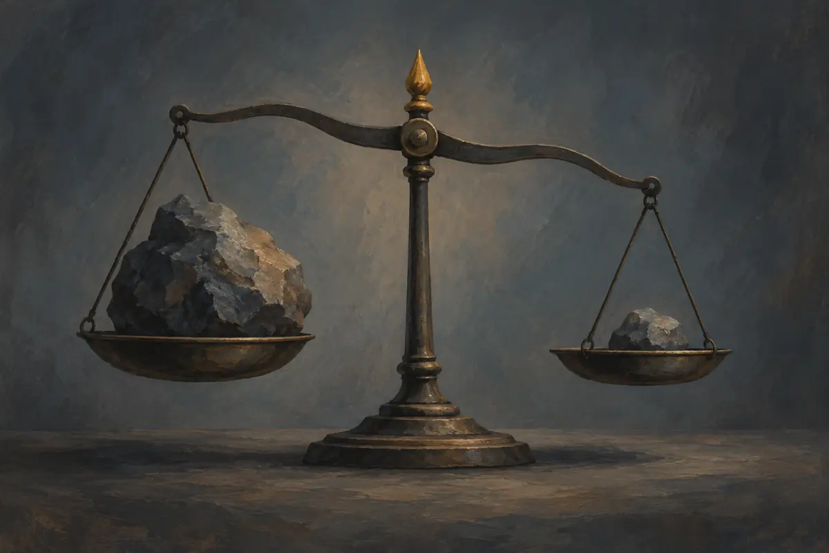 Illustration for a Phantom Blade Zero guide: A simple balance scale with two stones of different sizes on a plain background; flat painterly shapes.