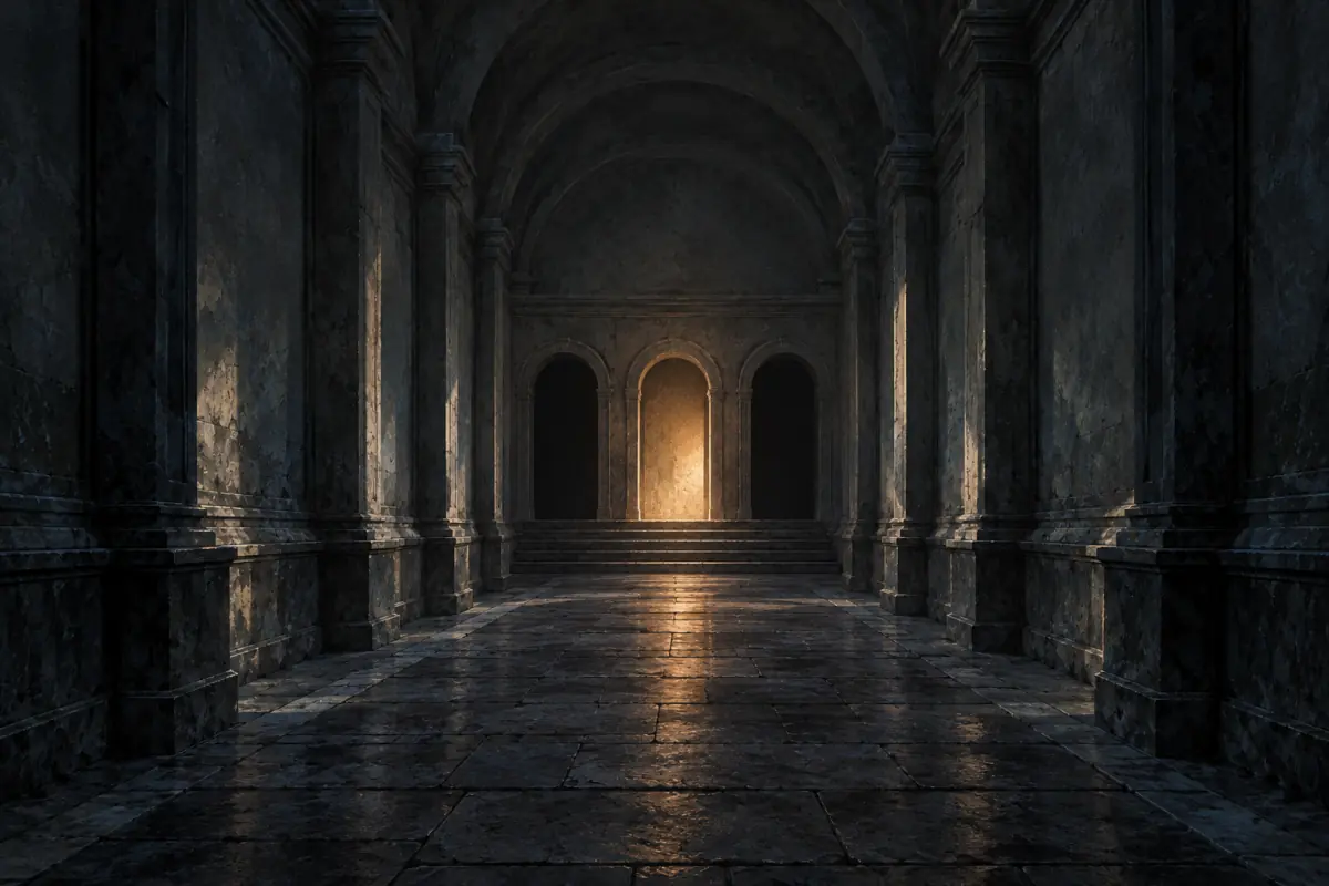 Illustration for a Phantom Blade Zero guide: A long dim corridor that ends in three doorways, one lit by a faint amber light and the other two in darkness; painterly, muted palette.