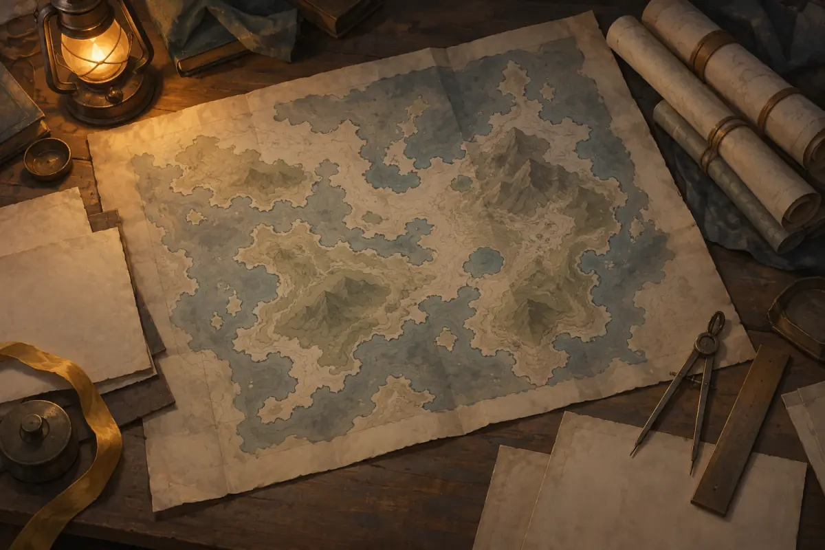 Illustration for a Phantom Blade Zero guide: A calm drafting table with an open map and a stack of paper scrolls, seen from above; warm paper tones with one pale amber accent.