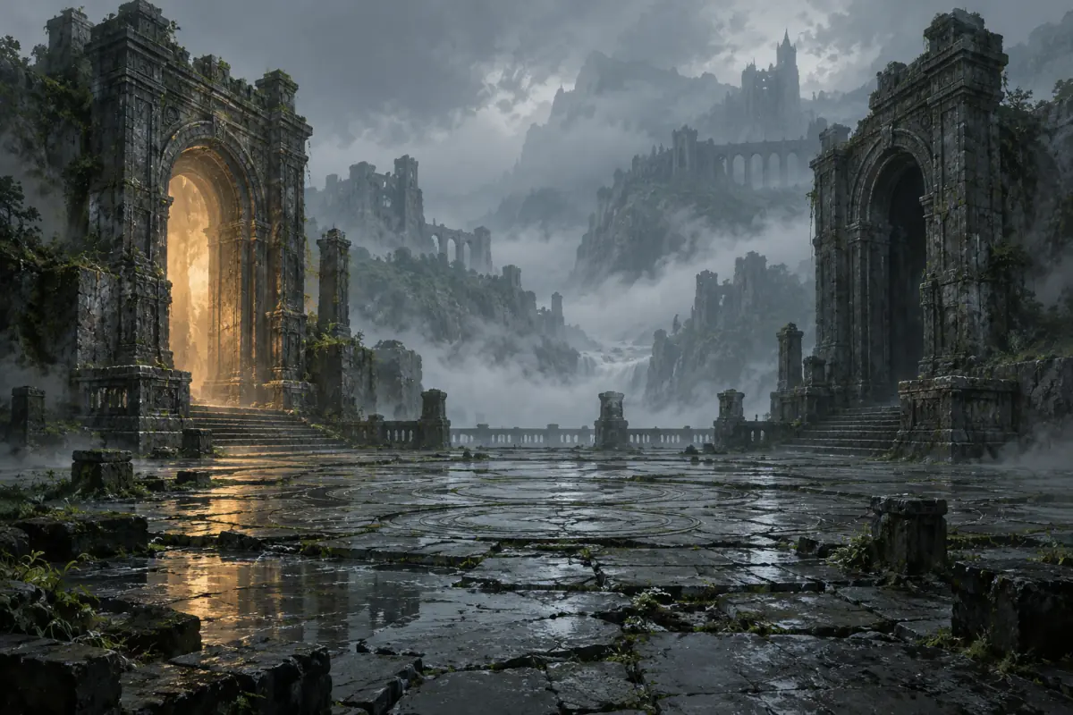 Illustration for a Phantom Blade Zero guide: Two stone gates facing each other across a misty courtyard, one with a faint light; painterly, muted palette.