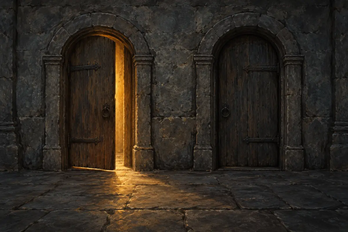 Illustration for a Phantom Blade Zero guide: Two wooden doorways side by side, one slightly ajar with warm light, both on a plain stone floor; painterly, muted palette.