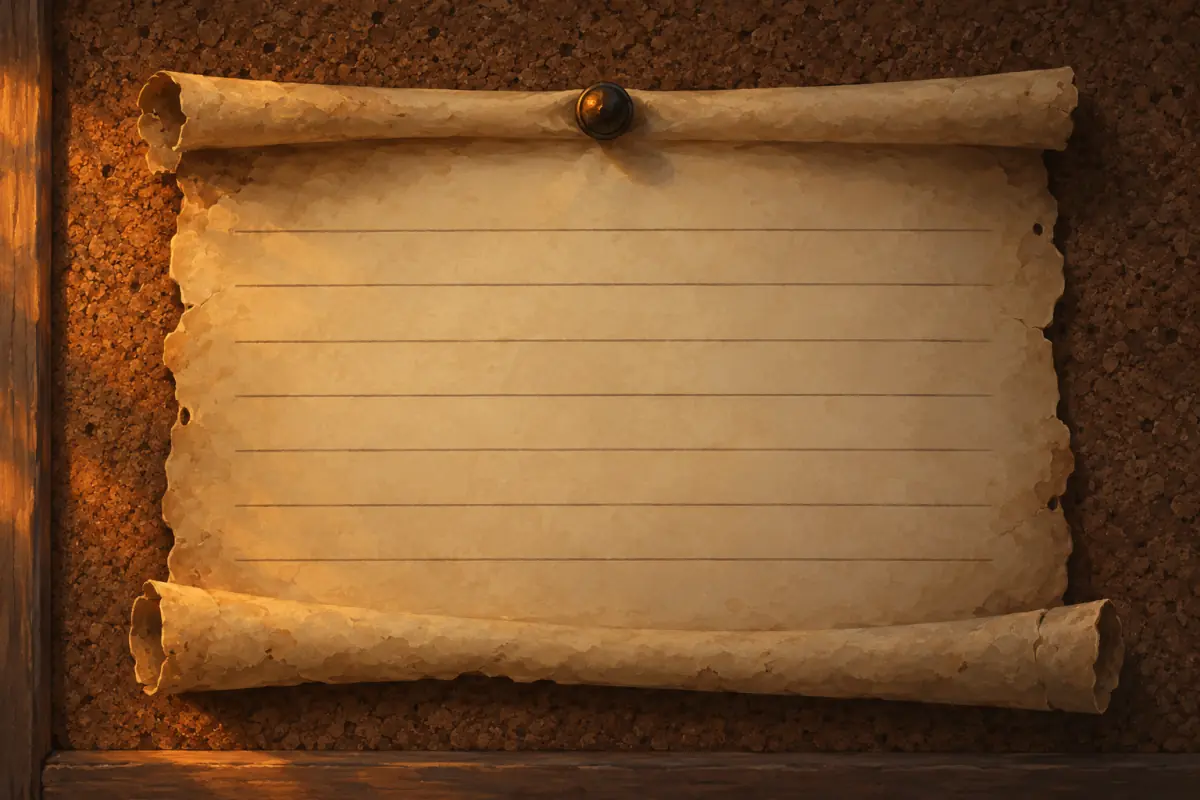 Illustration for a Phantom Blade Zero guide: A rolled paper notice pinned to a corkboard, with blank lines; warm neutral palette.