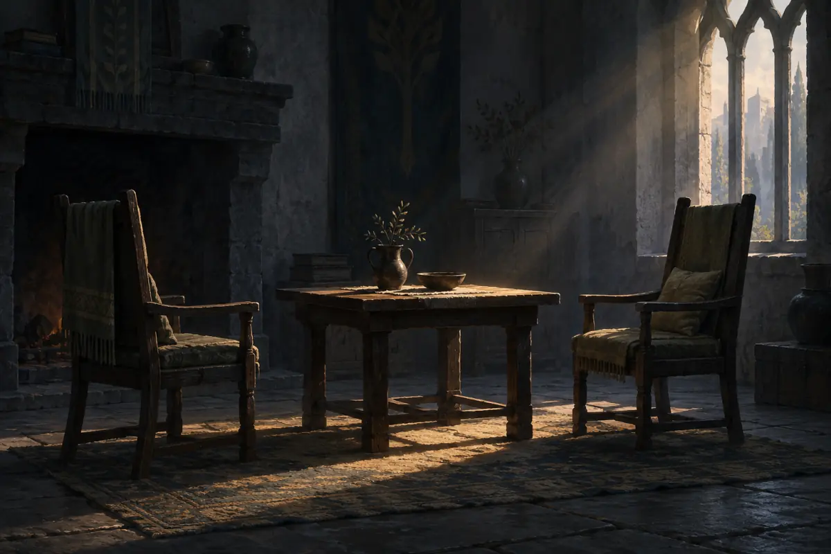 Illustration for a Phantom Blade Zero guide: Two empty chairs facing each other across a small wooden table in soft light; flat painterly shapes.