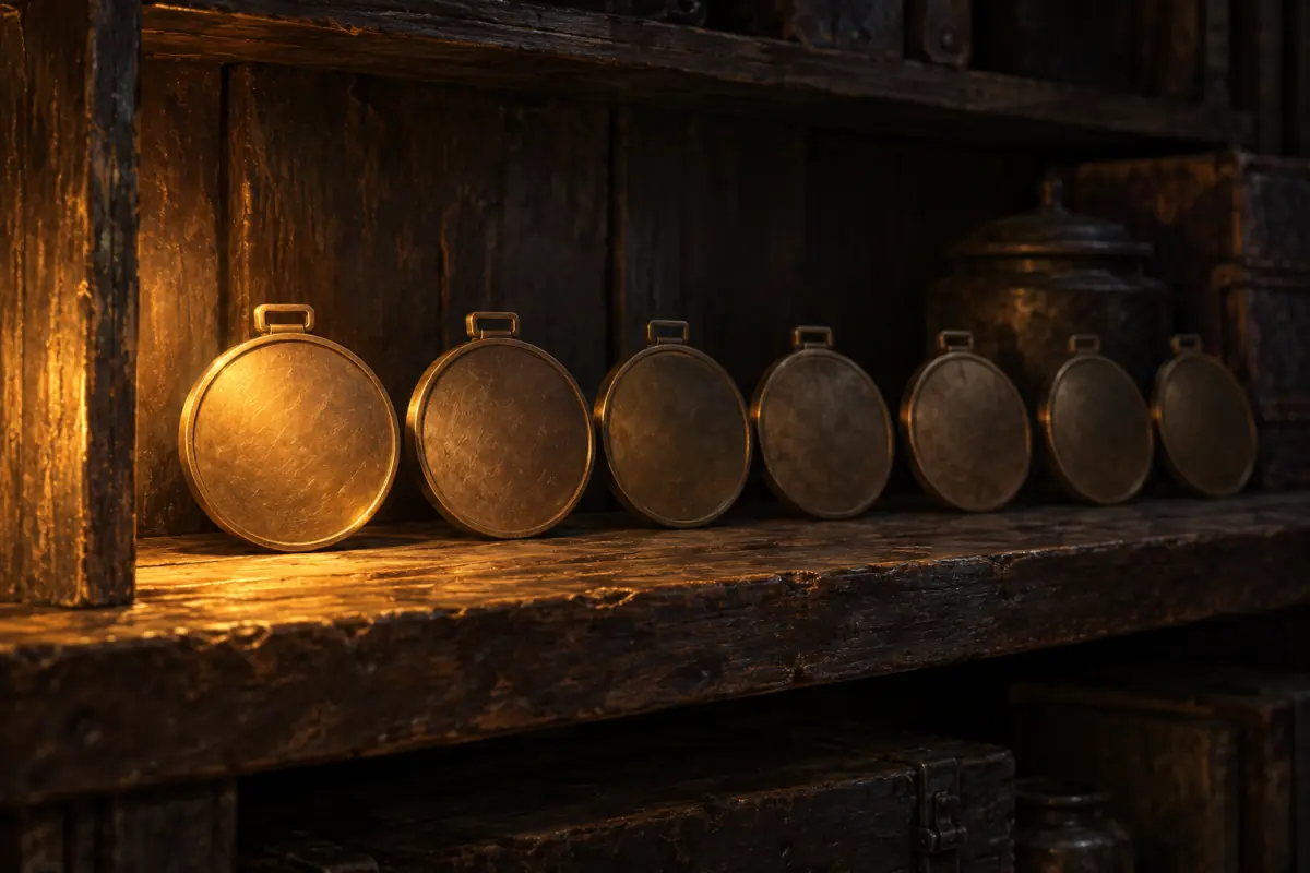 Illustration for a Phantom Blade Zero guide: A dim wooden shelf holding a row of small blank bronze medals with one lit by a warm lamp; painterly, muted palette.