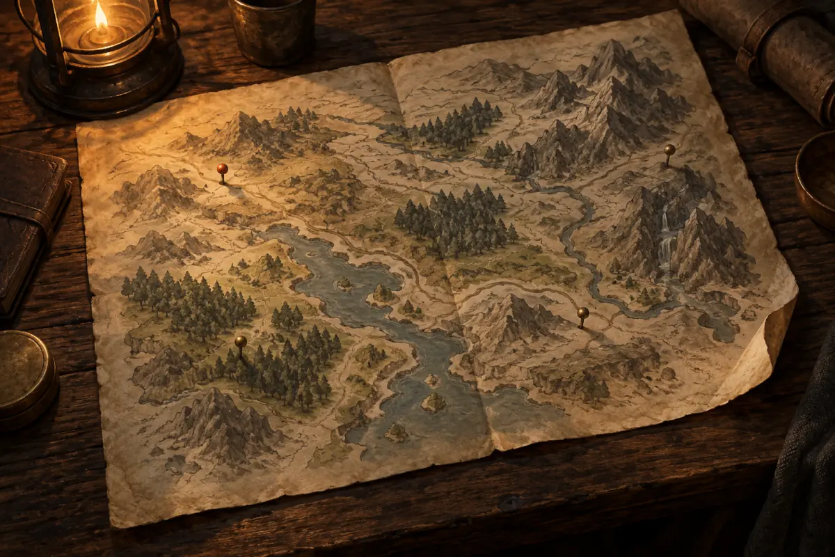 Illustration for a Phantom Blade Zero guide: An open paper map on a wooden table with a few small pins and a folded corner; warm neutral palette.