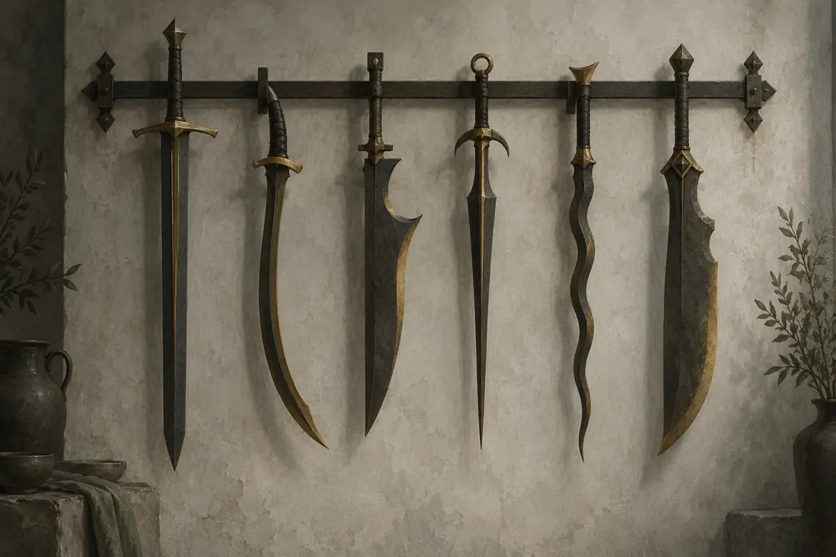 Illustration for a Phantom Blade Zero guide: A rack of simple abstract blades silhouetted against a pale wall, drawn as flat shapes with muted gold accents.